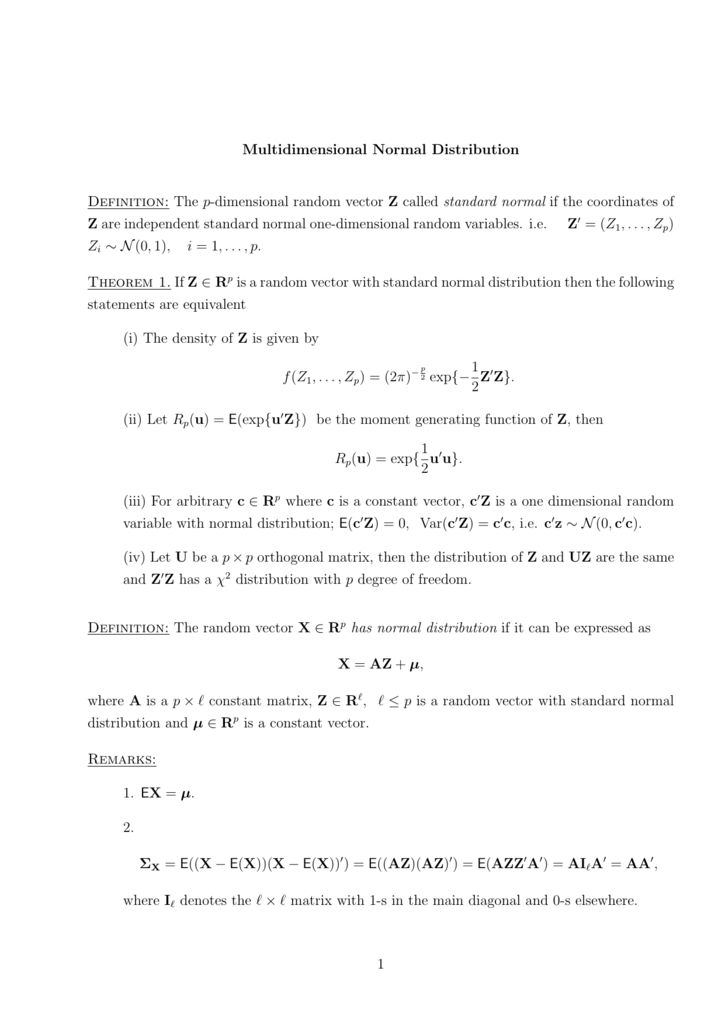 Multidimensional Normal Distribution Definition The P