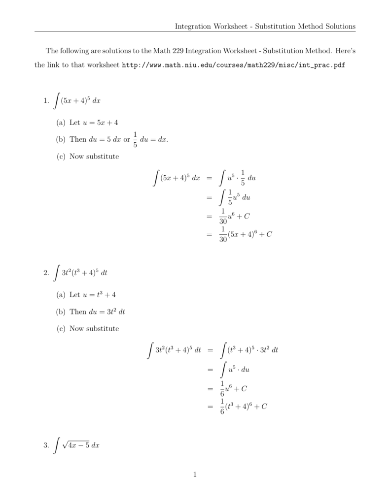 Integration Worksheet With Regard To Substitution Method Worksheet Answers