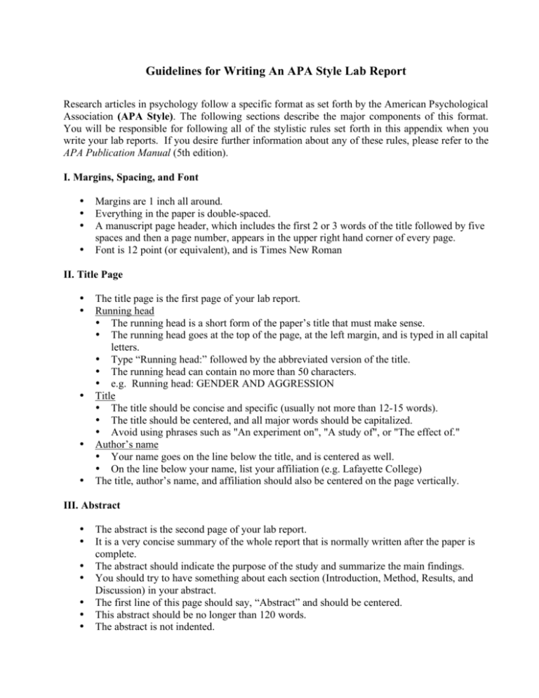 Guidelines For Writing An APA Style Lab Report