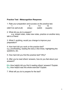 Practice Test Metacognition Response 1. Rate your preparation and