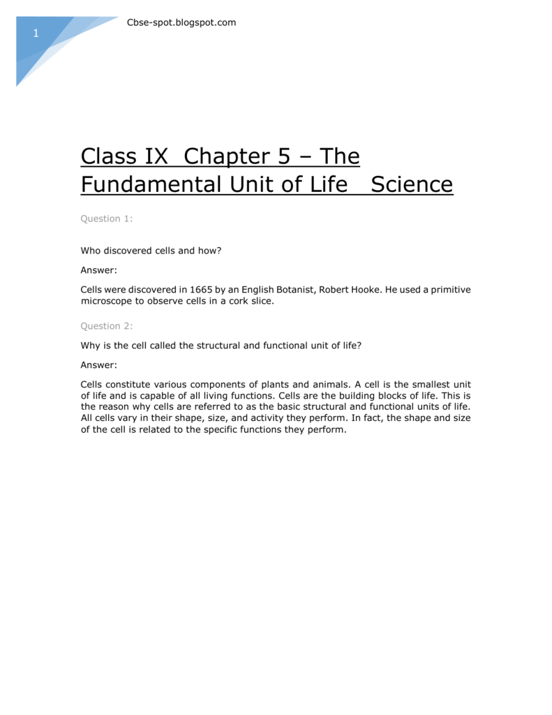 fundamental unit of life class 9