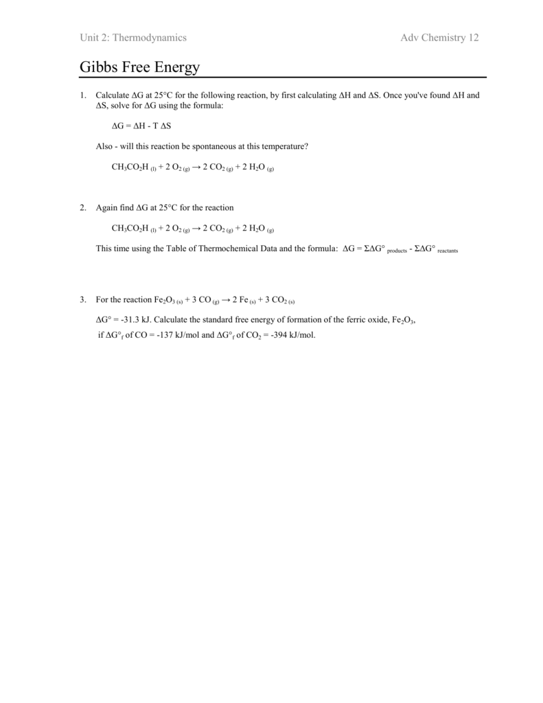 Gibbs Free Energy Regarding Gibbs Free Energy Worksheet