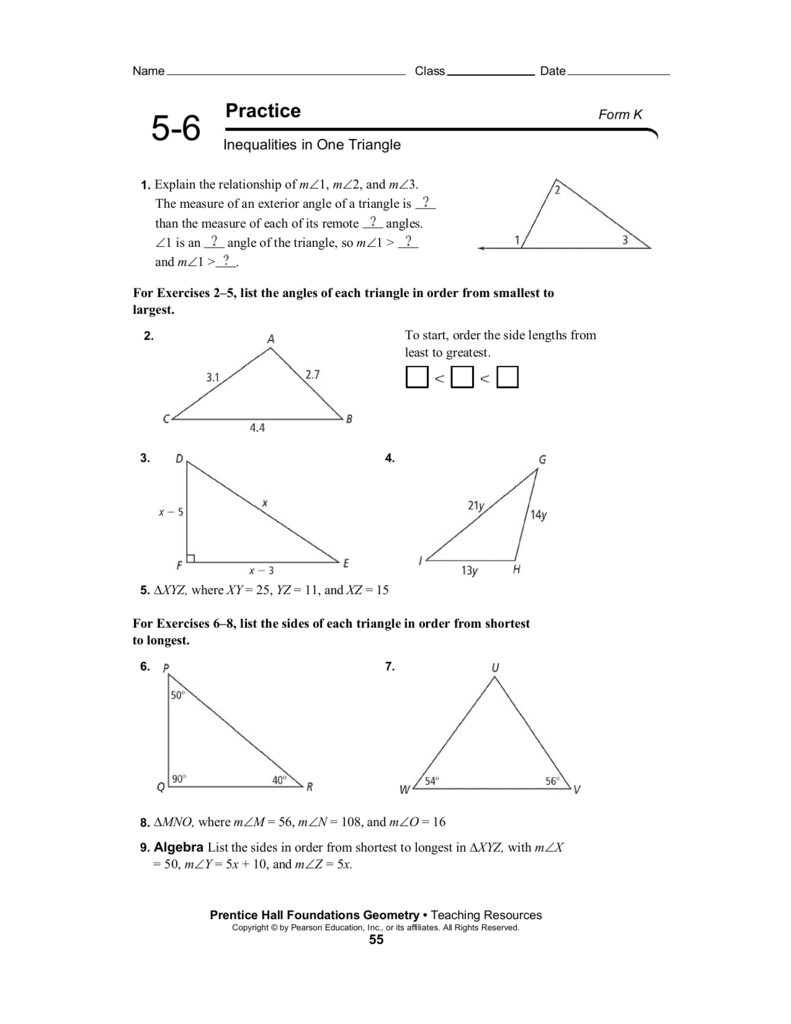 Bestseller: 5 6 Inequalities In One Triangle Worksheet Answers