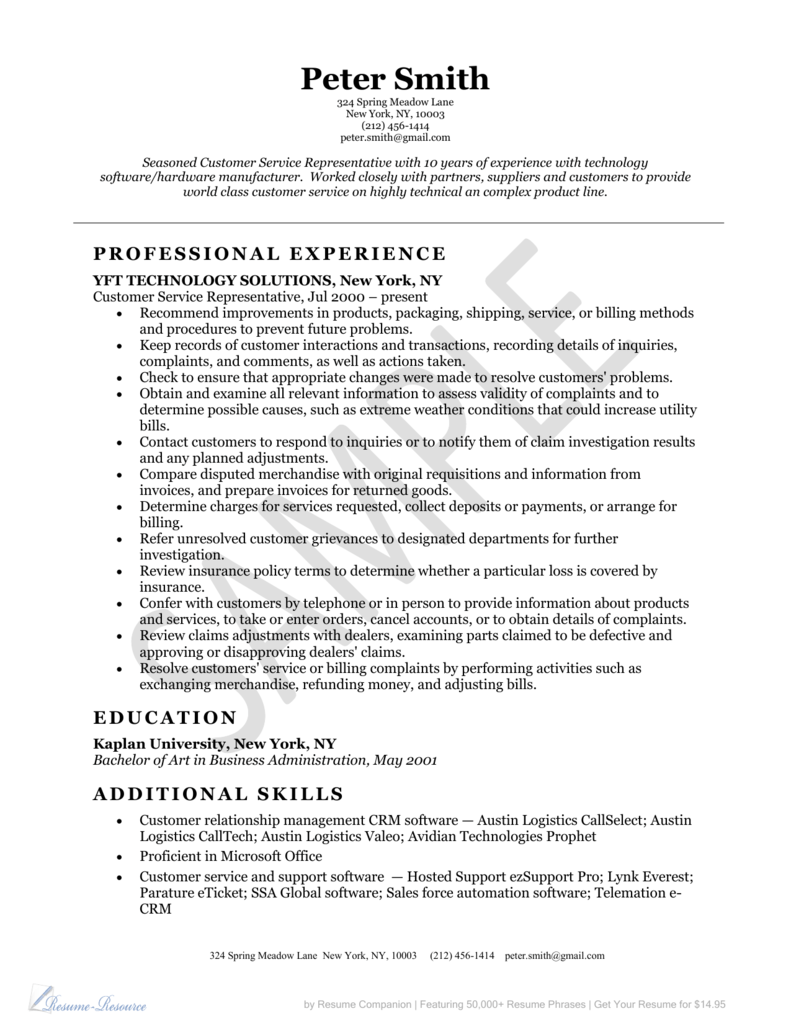 Customer Service Representative Resume Example