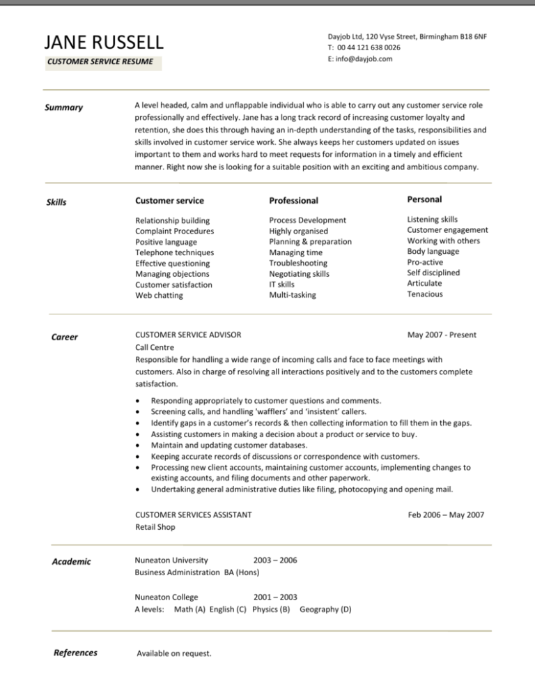 customer-service-resume-cv-examples