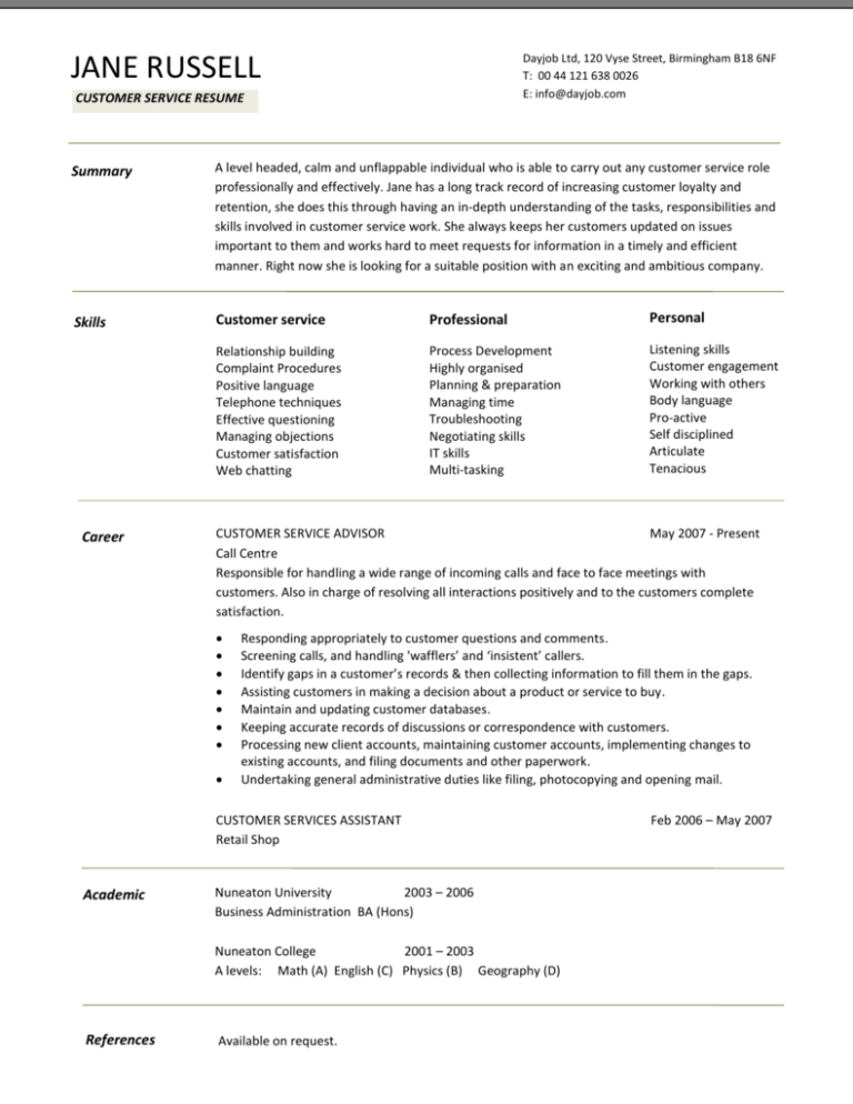 Customer Service Role Cv