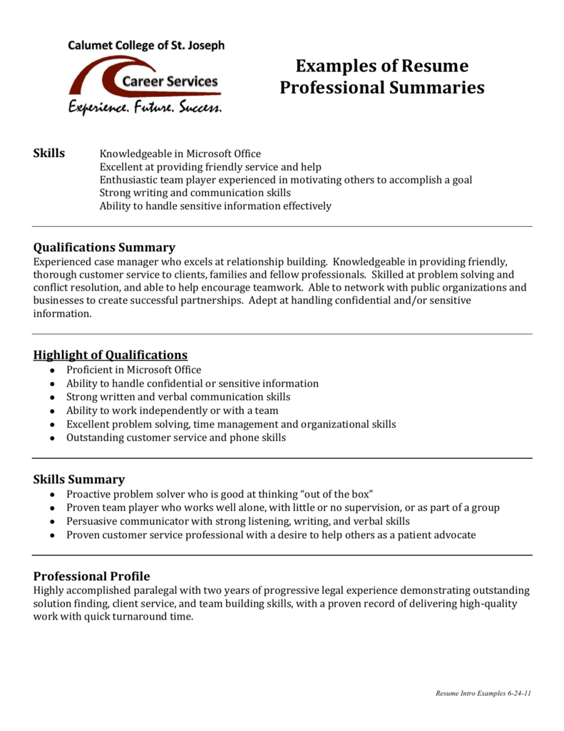 Best Professional Summary Examples