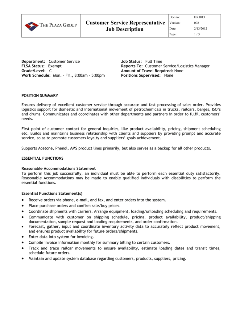 Customer Service Representative Job Description