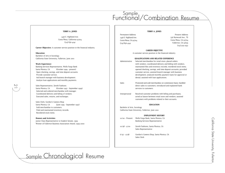 csuf career center resume sample