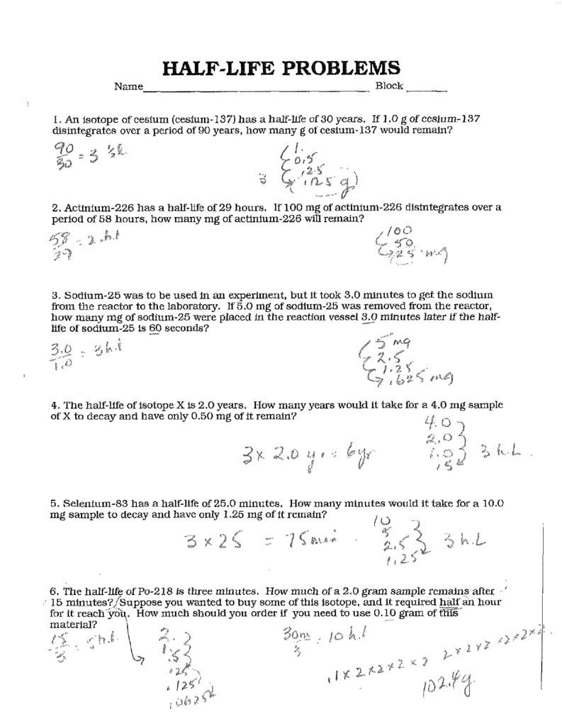 half-life problems Throughout Half Life Worksheet Answers