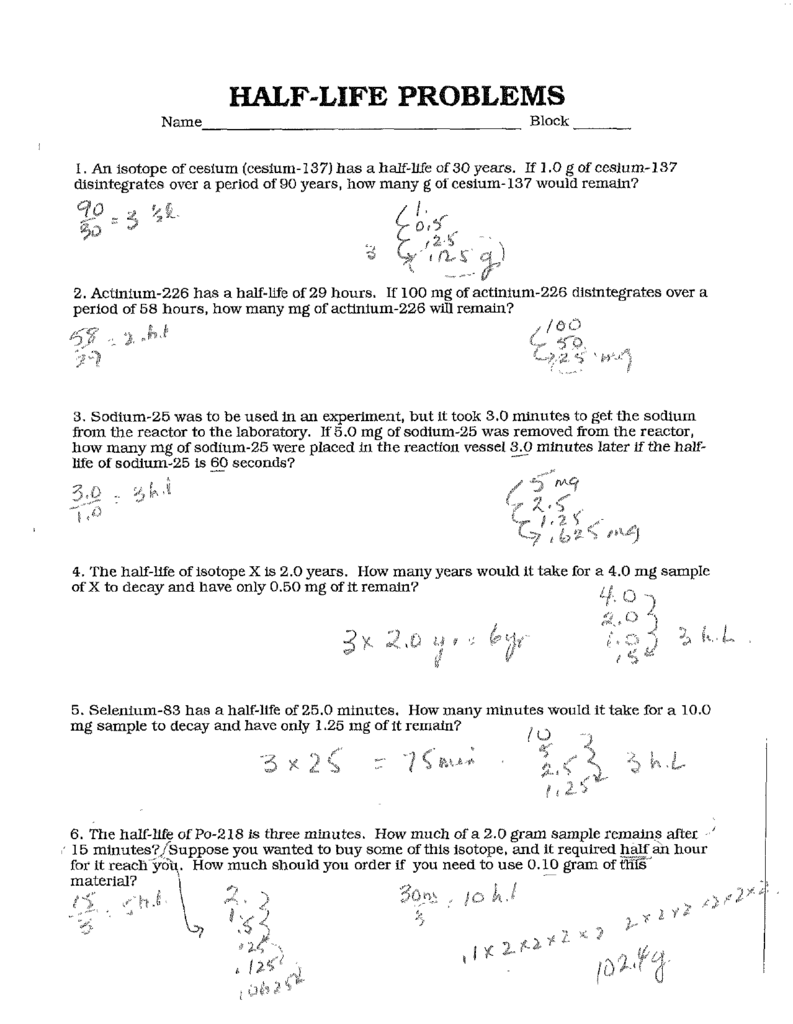 half-life problems For Half Life Worksheet Answers