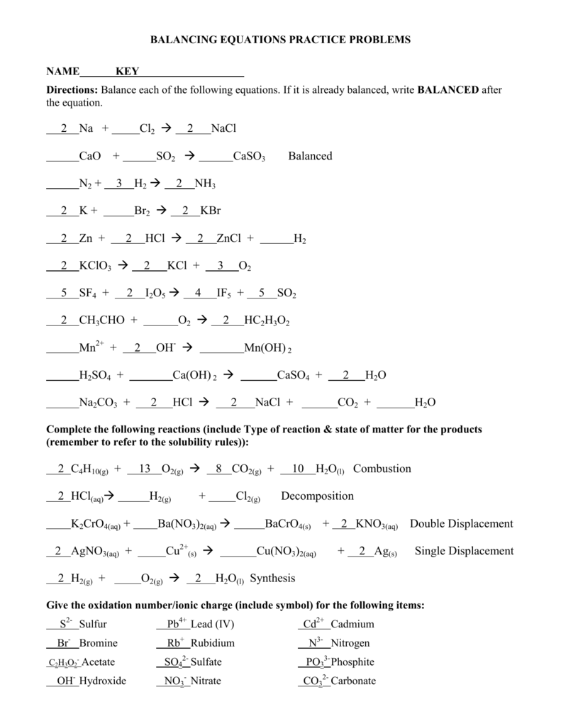 Balancing Equation Example Questions