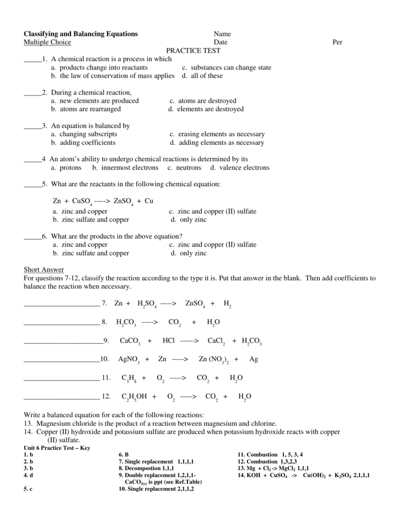 Classifying and Balancing Equations - Ms. Dougalas Within Classification Of Chemical Reactions Worksheet
