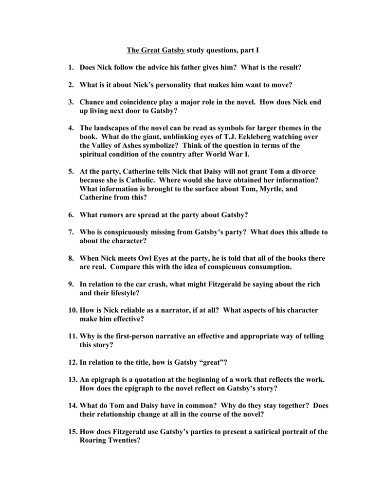 The Great Gatsby Chapter Quiz And Close Reading Questions