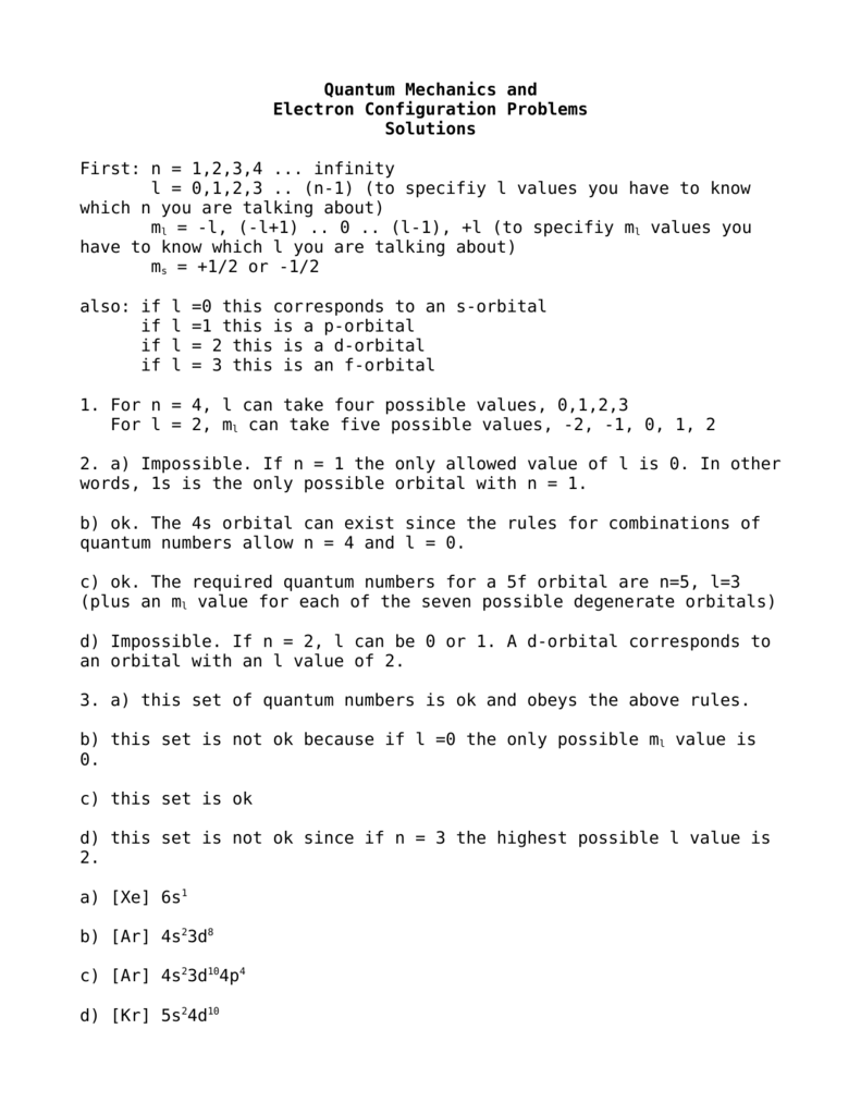 Quantum Mechanics And Electron Configuration Problems Solutions