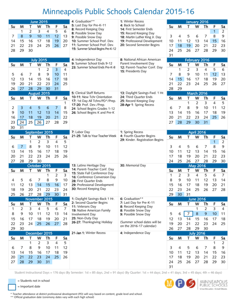 Minneapolis Public Schools Calendar 2015 16