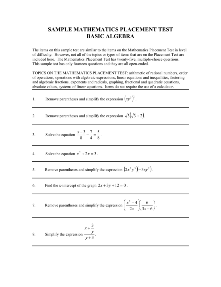 SAMPLE MATHEMATICS PLACEMENT TEST BASIC ALGEBRA