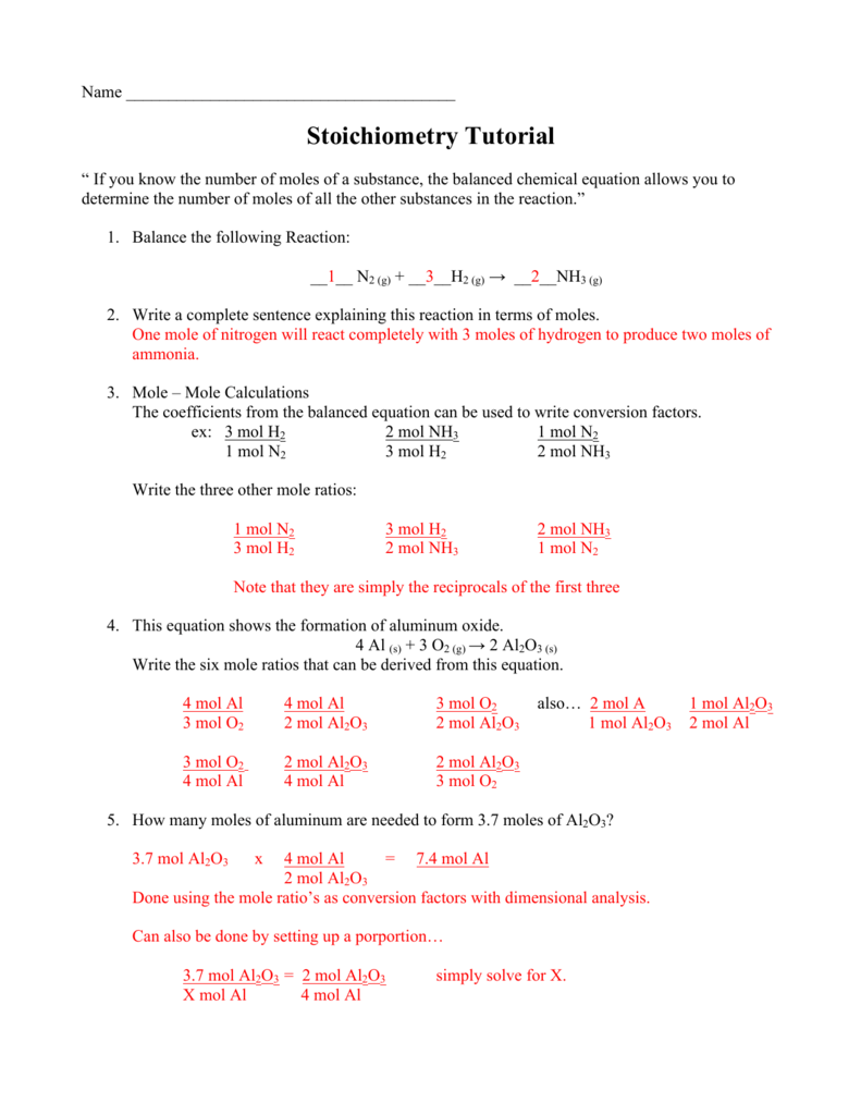 Stoichiometry Worksheet Answer Key