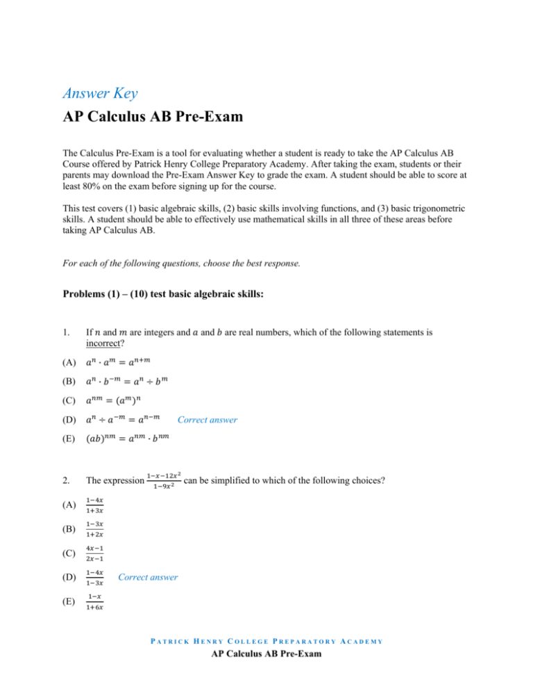 Answer Key AP Calculus AB PreExam