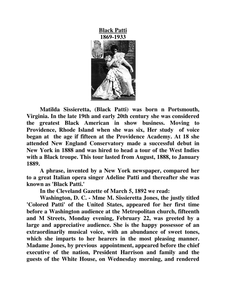 Black Patti 1869-1933 Matilda Sissieretta, (Black Patti) was born n