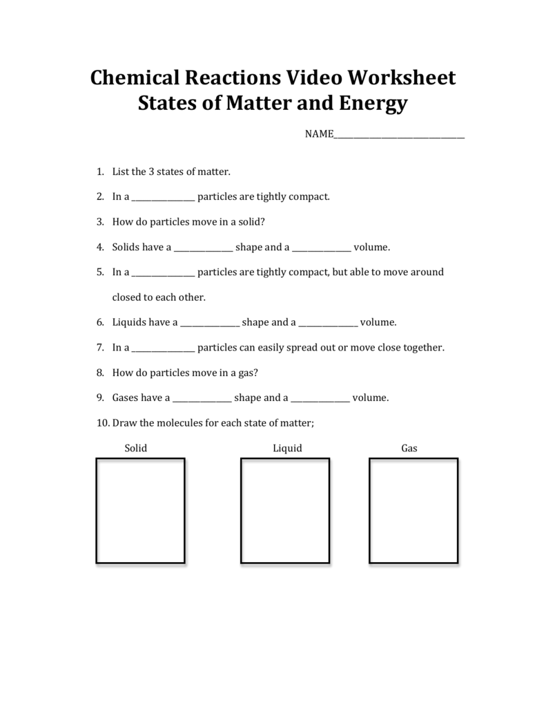 Chemical Reactions Video Worksheet States of Matter and Energy Inside States Of Matter Worksheet