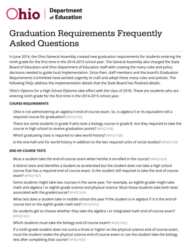 Graduation Requirements Frequently Asked Questions Ohio