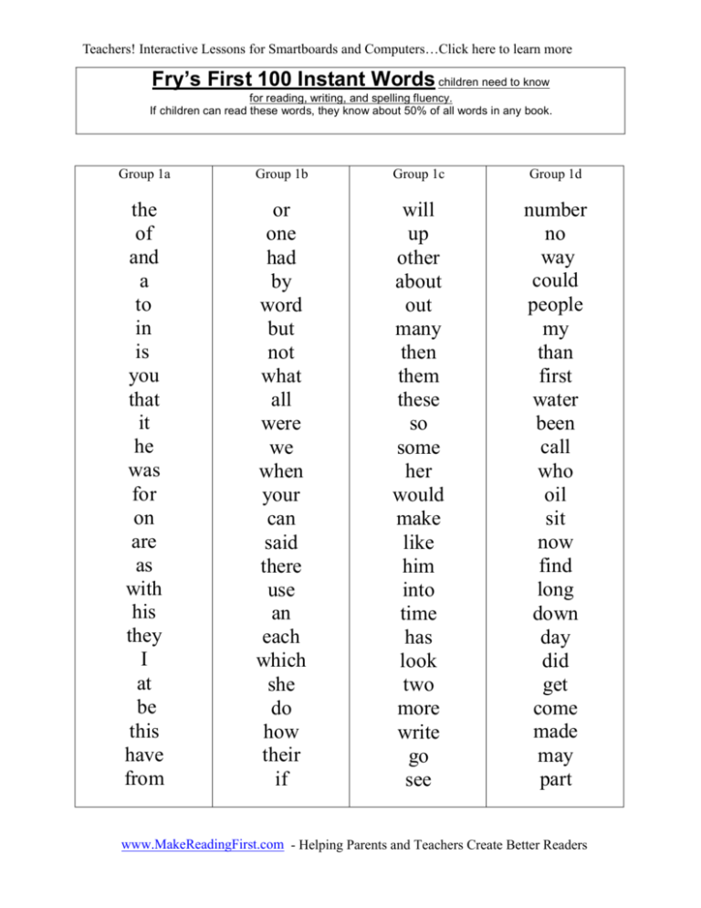 Fry Word List Printable Web The Fry Word List Of 1 000 Words Includes 