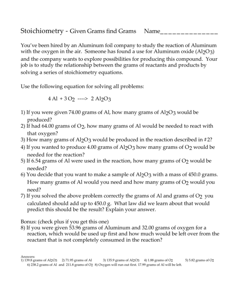 Stoichiometry Given Grams Find Grams Practice Sheet
