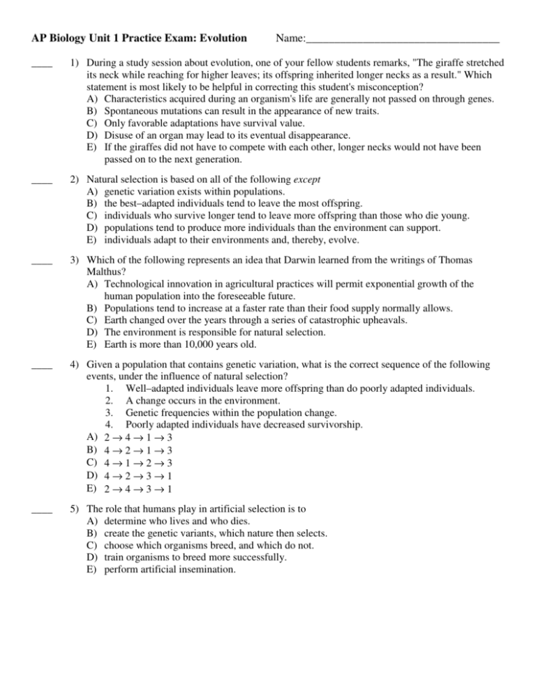 AP Biology Unit 1 Practice Exam Evolution Name