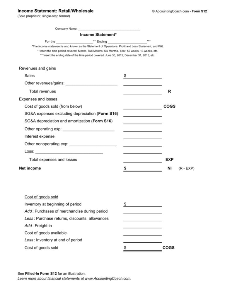 Retail Wholesale Income Statement Template Retail Wholesale Income Statement Template