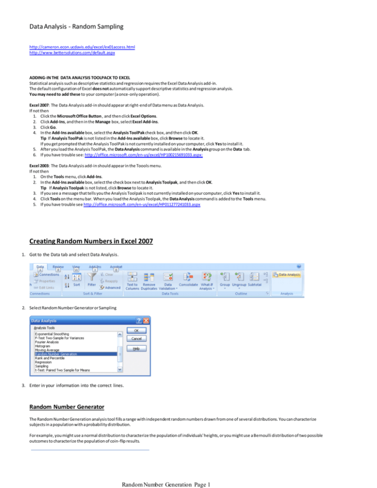 Creating Random Numbers In Excel 2007 Data Analysis