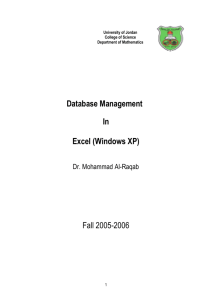 Database Management In Excel (Windows XP) Fall 2005-2006