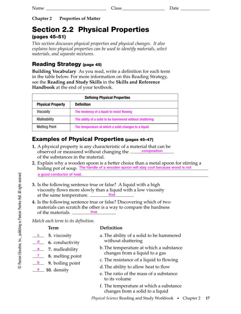 Chapter 2 Matter And Change Worksheet Answers Pearson