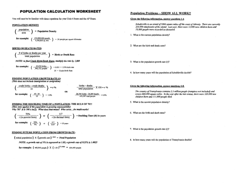 Day 2 APES Population Calculation Worksheet