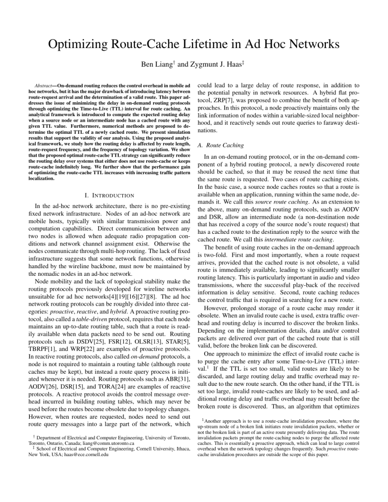 Optimizing Route-Cache Lifetime in Ad Hoc
