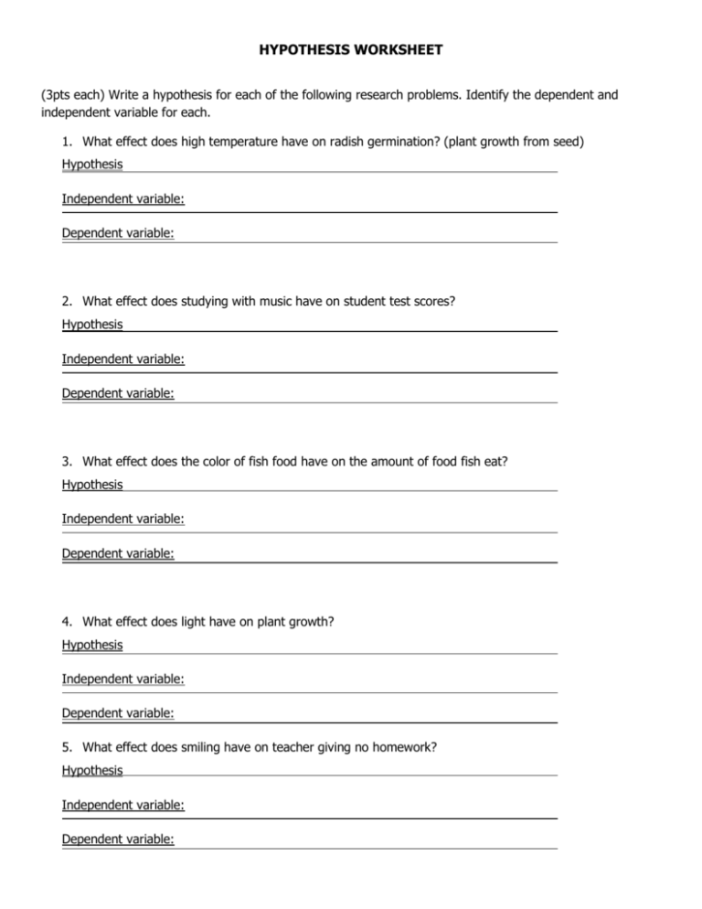 Variables And Hypothesis Worksheet