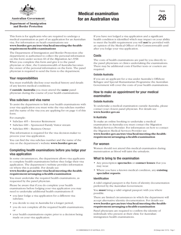 Form 26 Medical Examination For An Australian Visa