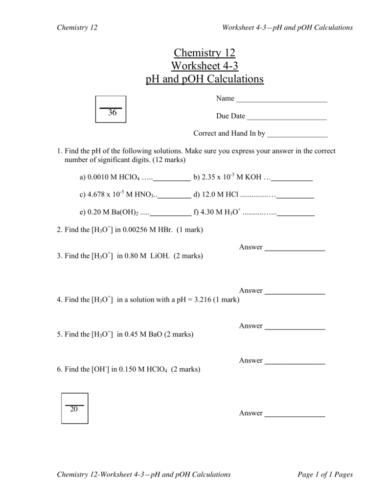 Chemistry 22 Worksheet 22-22 pH and pOH Calculations Throughout Ph And Poh Worksheet Answers