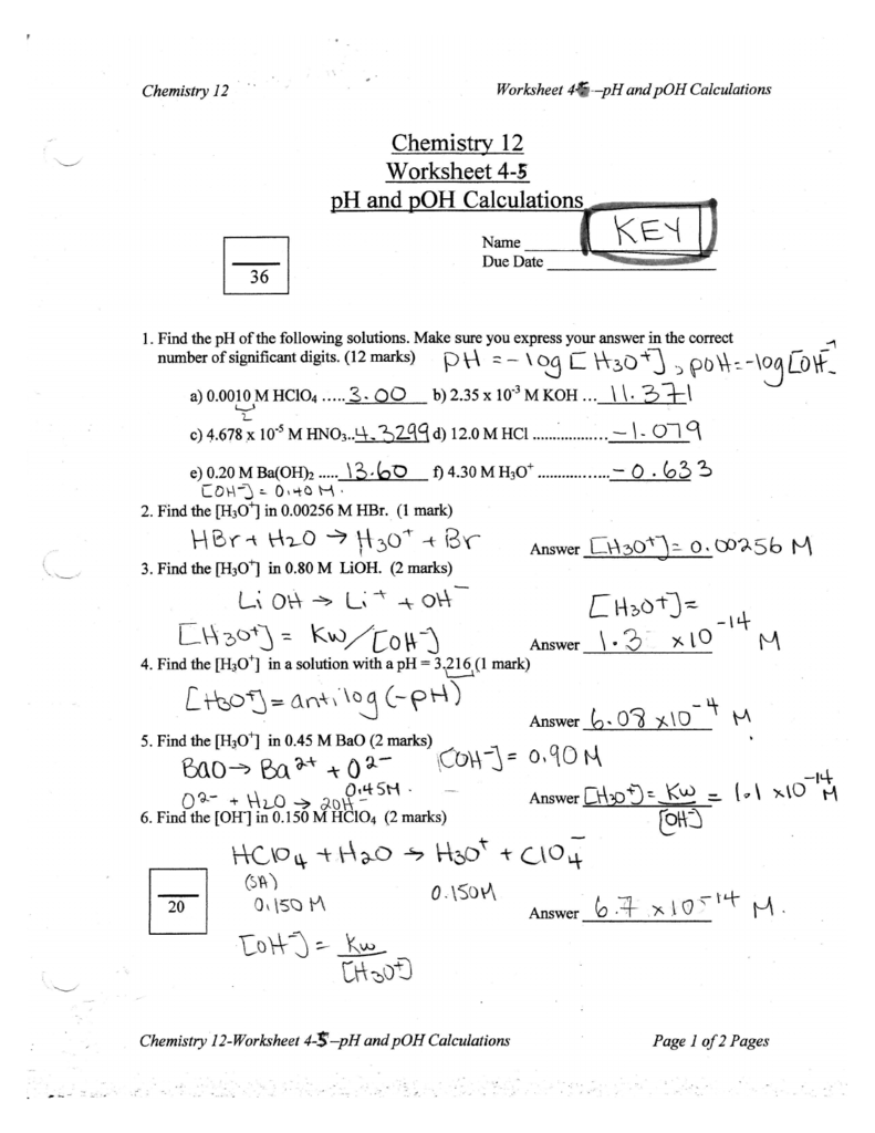 Chemistry Ph And Poh Calculations Worksheet Answers