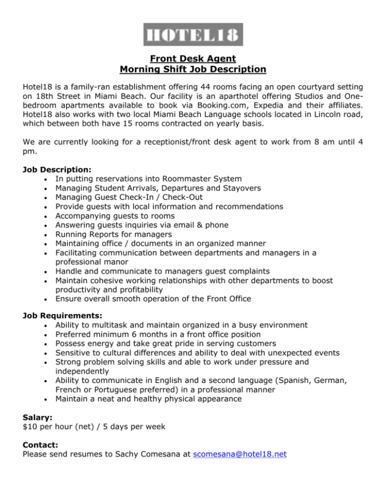 hotel front desk officer job description