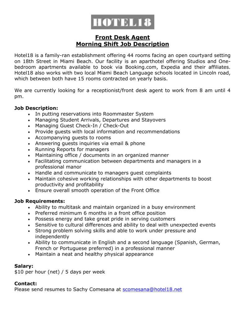 Hotel Front Desk Agent Job Description