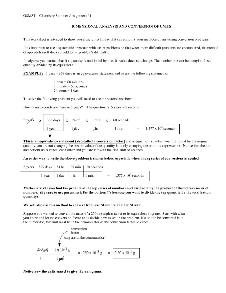 Dimensional Analysis and Conversion of Units Throughout Dimensional Analysis Worksheet Key