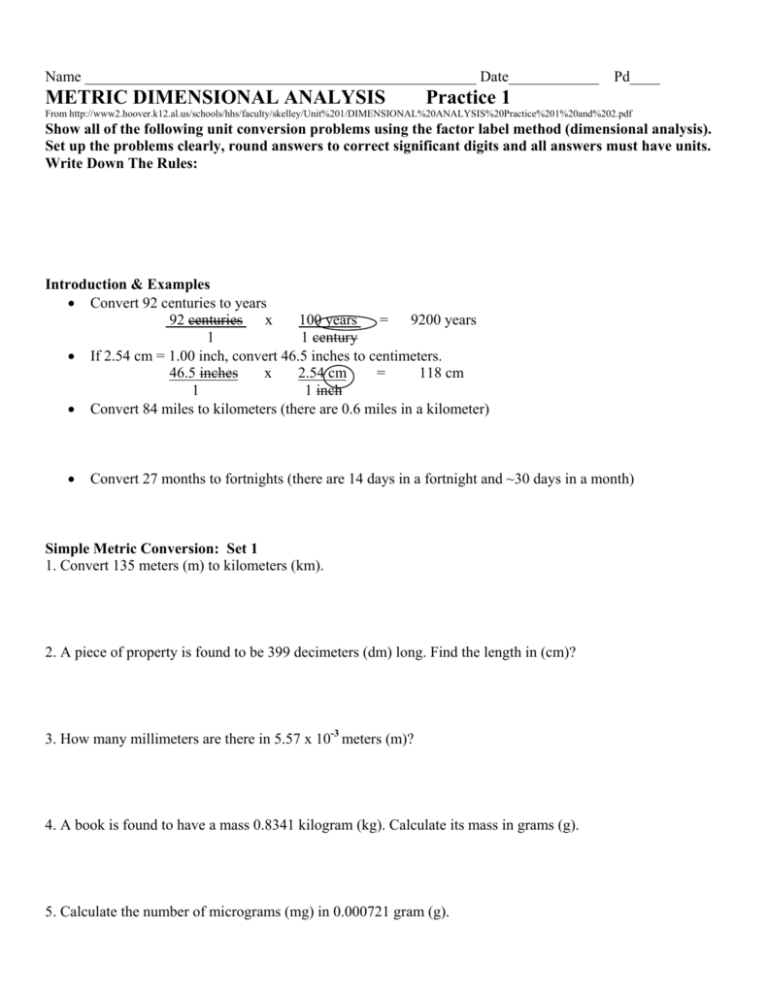 METRIC DIMENSIONAL ANALYSIS Practice 1