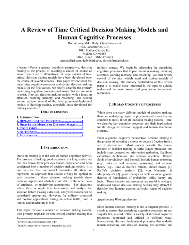 A Review of Time Critical Decision Making Models