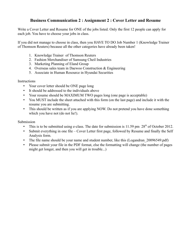 Business Communication 2 Assignment 2 Cover Letter And Resume