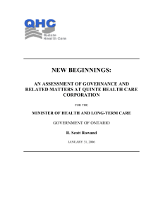 An Assessment of Governance and Related Matters at Quinte Health
