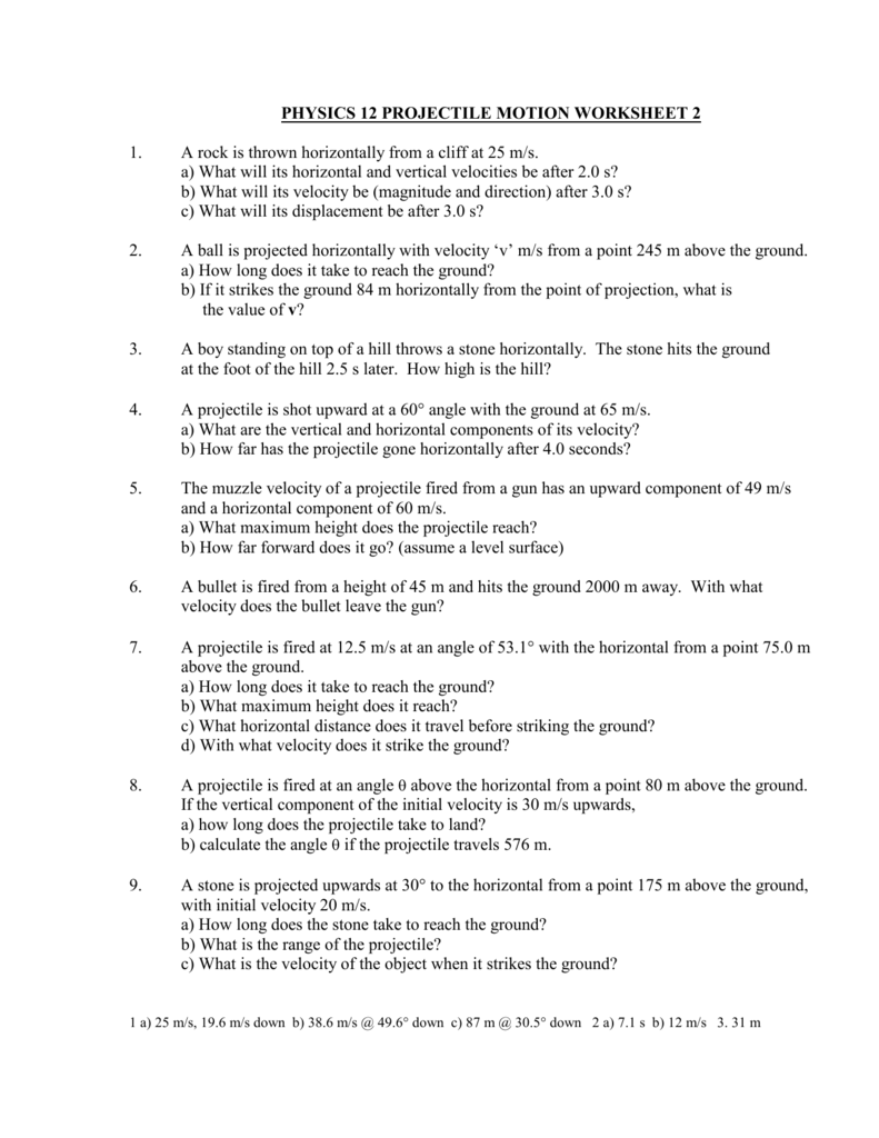 physics 11 projectile motion worksheet 11 In Projectile Motion Worksheet With Answers