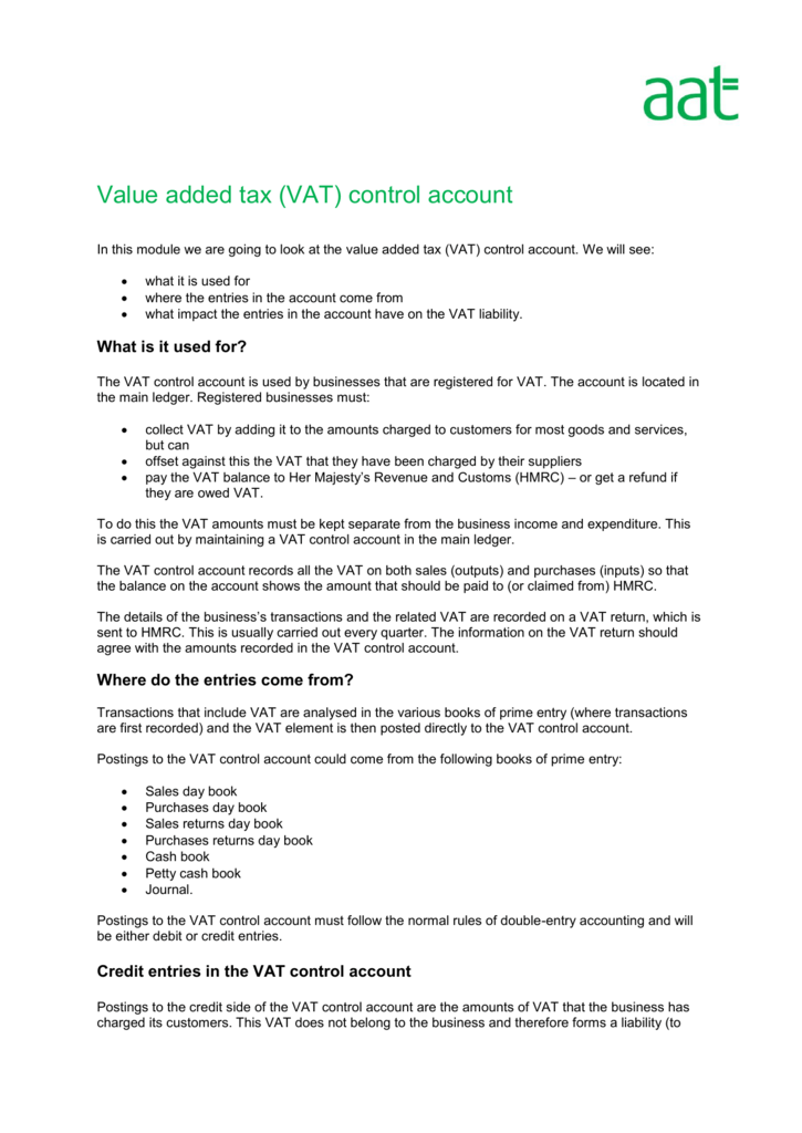 Value Added Tax VAT Control Account Value Added Tax VAT Control Account