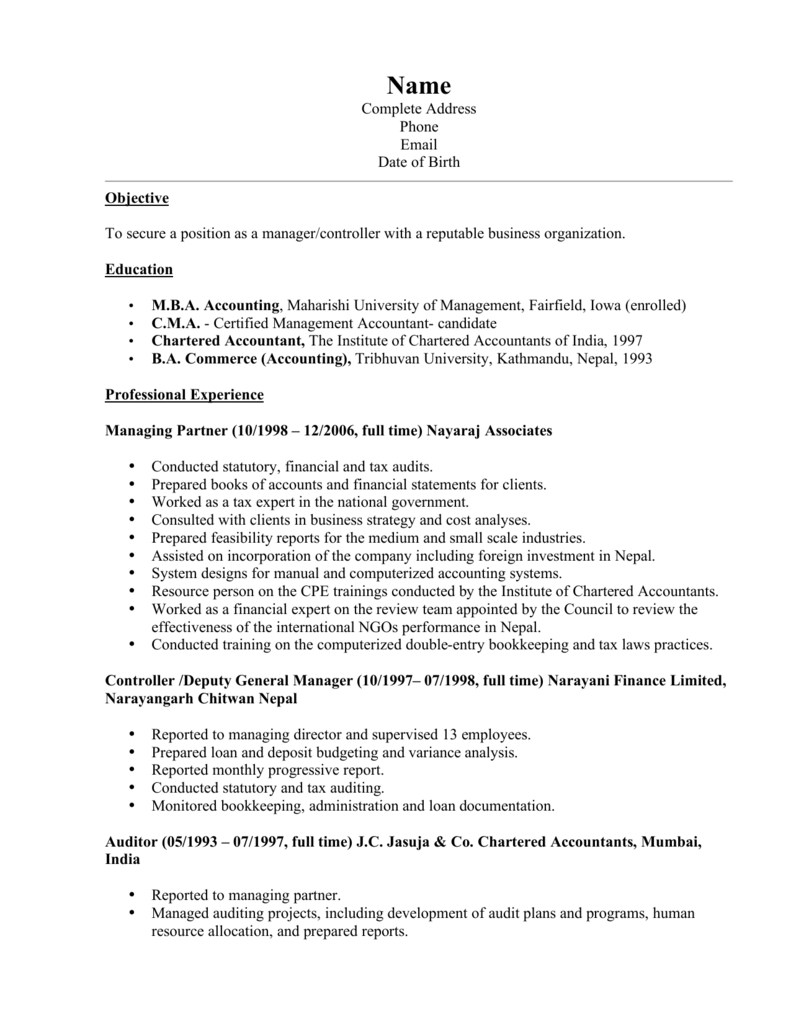 Resume Example Template Maharishi University Of Management