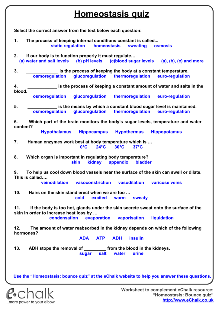 Homeostasis Quiz